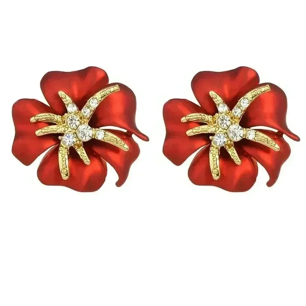 Satin Festive Red Enamel Tropical Flower Stud Earrings with Crystal Accents